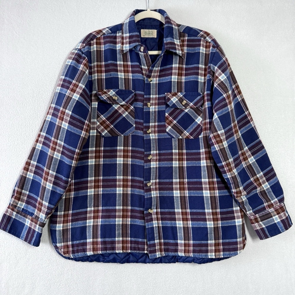 Vintage Sears Jacket Men Large Quilt Lined Insulated Flannel Plaid Shirt Shacket